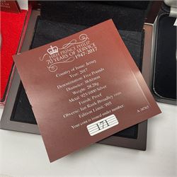 Six Queen Elizabeth II silver proof coins, comprising Government of Niue 2018 ‘The Flanders Remembrance Poppy’ two dollars, Solomon Islands 2020 ‘80th Anniversary of the Battle of Britain’ five dollars, Alderney 2019 ‘The 75th Anniversary of D-Day’ five pound, Alderney 2019 ‘Remembrance Day’ five pound, Bailiwick of Jersey ‘Prince Philip 70 Years of Service’ five pound, Pobjoy Mint Gibraltar 2020 ‘Penny Black’ fifty pence coin, with further Pobjoy Mint Gibraltar 2020 proof sterling silver piedfort ‘Penny Black’ fifty pence coin, all boxed with certificates