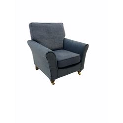 Pair of two seat sofas and matching armchair, upholstered in Plums blue loose fabric, original optional fabric and cushion fabric included