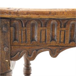Charles I rectangular joined oak and elm refectory table, the frieze carved with repeated arch motifs, pearwood top above four turned supports united by horizontal stretcher, first half 17th century
Provenance: Purchased from Thorpe & Foster of Dorking in 1971
