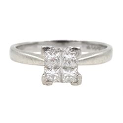 Platinum four stone princess cut diamond ring, hallmarked, total diamond weight approx 0.50 carat