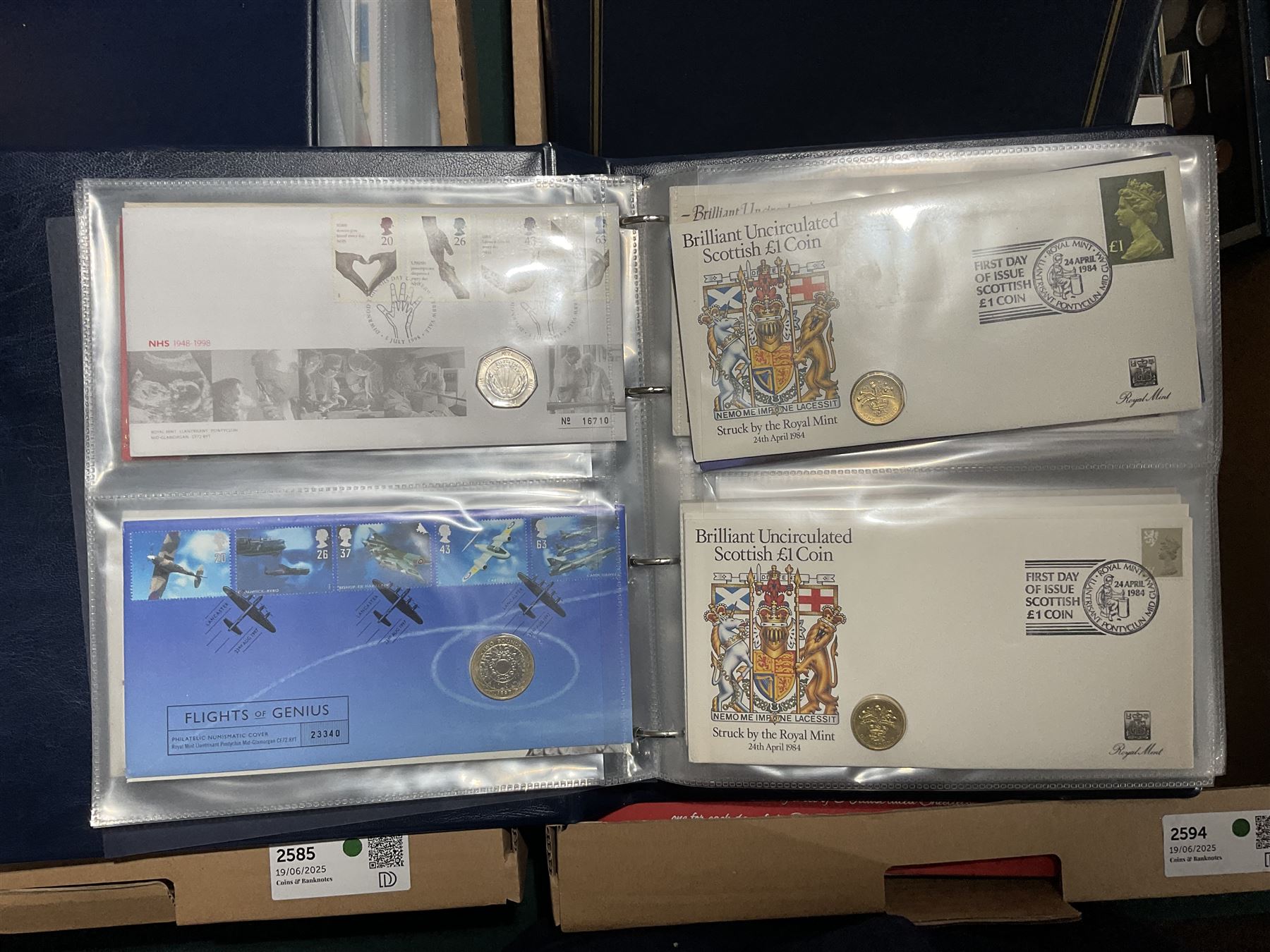 Approximately one hundred and fifteen Royal Mint coin covers, in two ring binder folders and loose, together with approximately 53 grams of Great British pre-1920 and approximately 68 grams of Great British pre-1947 silver threepence coins, and a small quantity of further pre-decimal coins