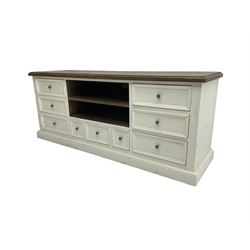 Painted pine media unit, rectangular top over two shelves, fitted with six long drawers and three short pigeonhole drawers