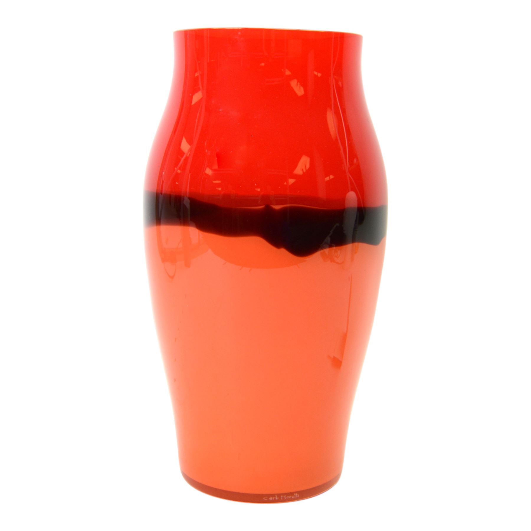 Carlo Moretti, Murano glass vase, in orange and red with a central back band, H35cm
