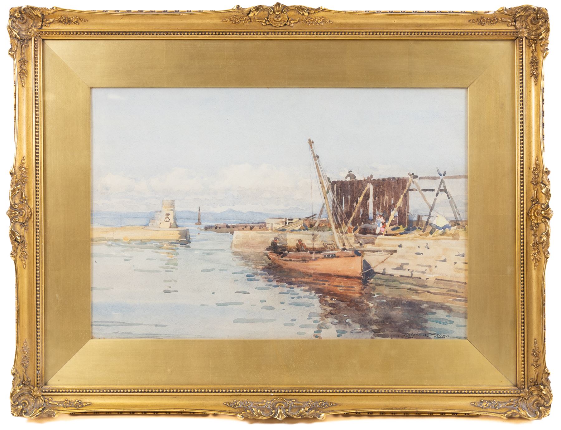 Robert Weir Allan (Scottish 1852-1942): 'Dunure Harbour' looking to Arran, watercolour signed, titled verso 33cm x 49cm 