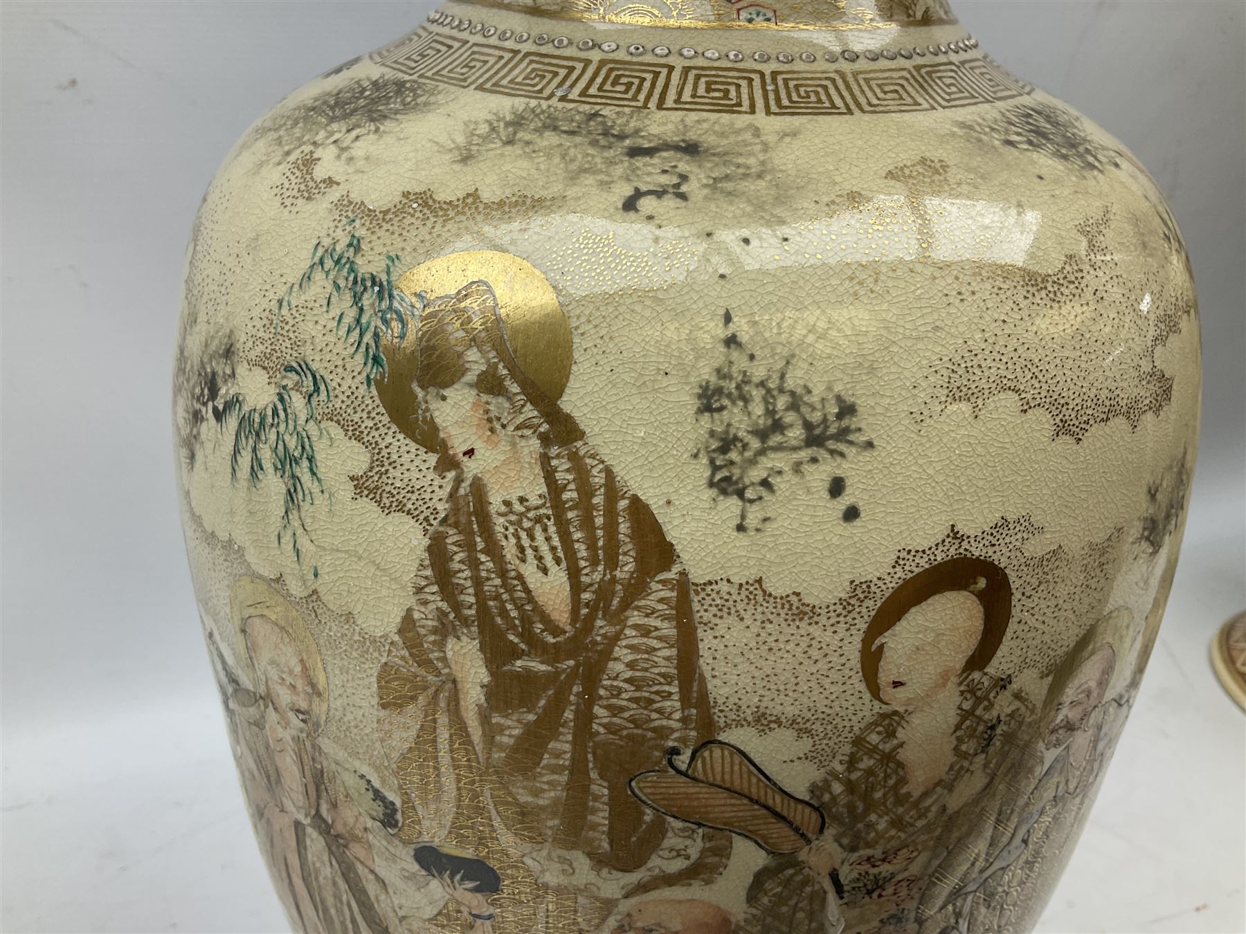 Pair early 20th Century Japanese floor vases of ovoid form, painted with warriors and elders within geometric designs and gilding, H61cm