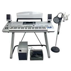 Yamaha Tyros 4 Digital Workstation keyboard with three-piece Option Speaker System TRS-MS04, foot control, various cables and stand; together with a Peavey microphone stand and Shure SM58S microphone
