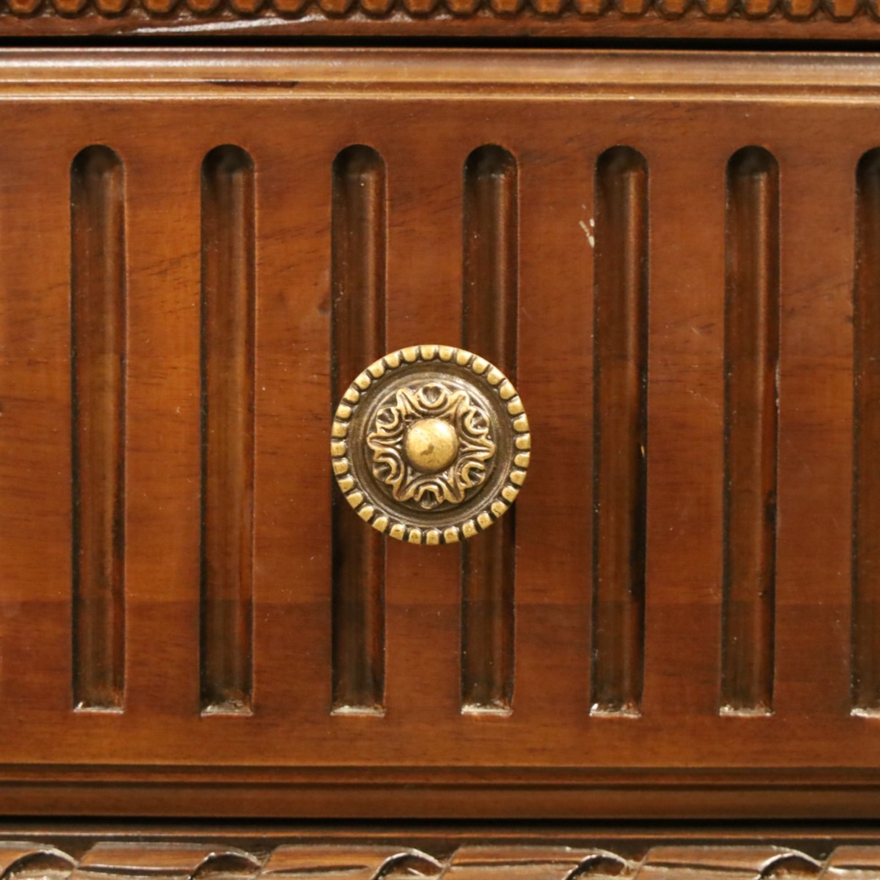 And So To Bed - French design ‘Eclectic’ double wardrobe in dark finish, arched moulded cornice with carved foliate band and turned finials, two mirrored doors enclosing a hanging rail, flanked by turned columns with foliate decoration, single fluted drawer below, on turned tapering feet