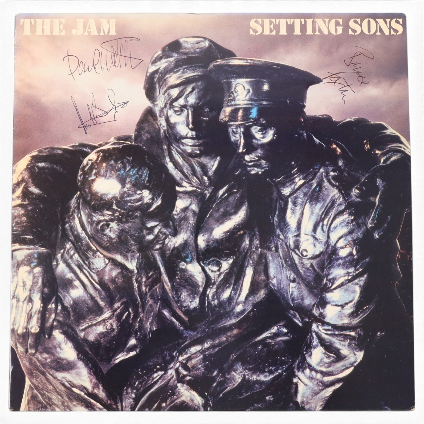 The Jam 'Setting Sons' vinyl record, signed to the front of the sleeve by Paul Weller, Bruce Foxton and Rick Buckler