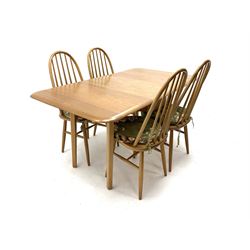 Mid century oak drop leaf dining table, tapered supports (W148cm, D84cm, H73cm) together with four matching dining chairs (W4cm2)