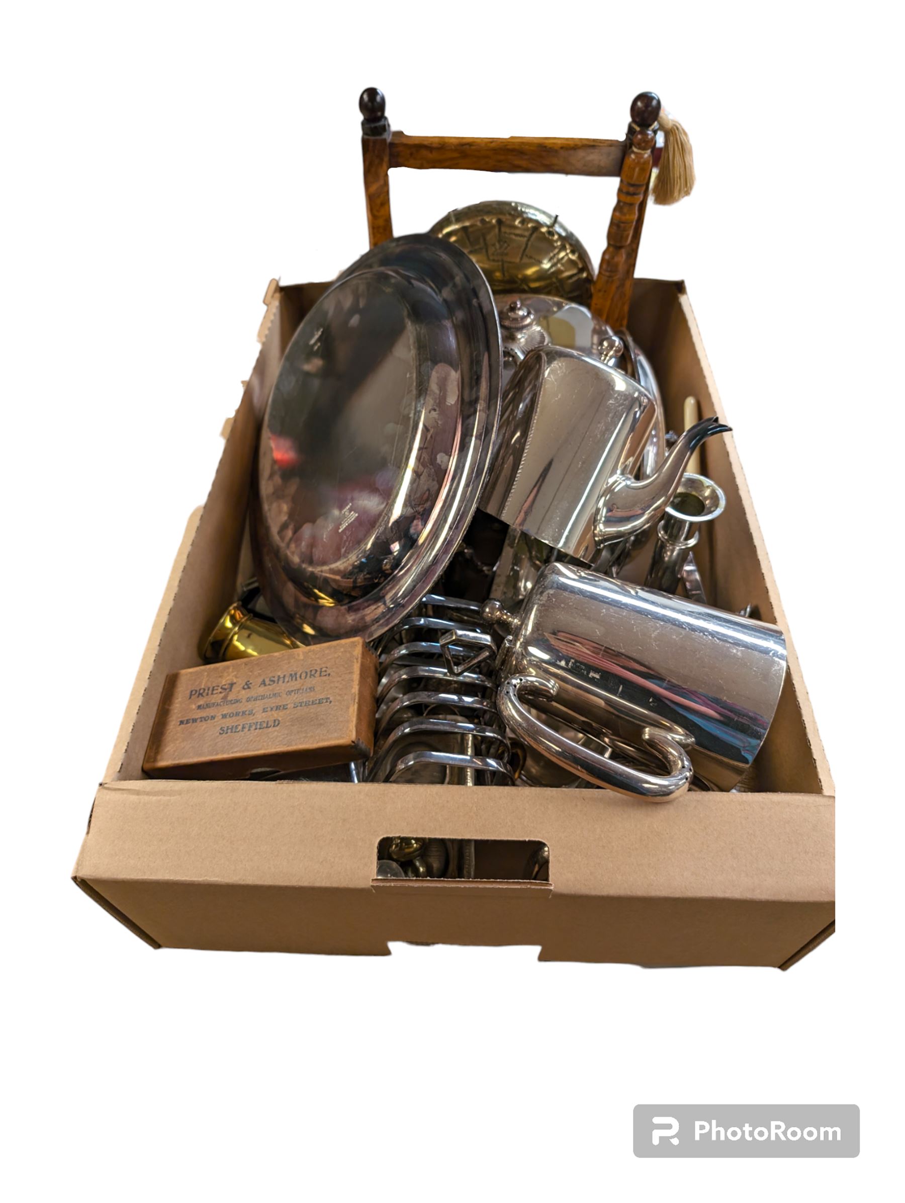 Burmese dinner gong, silver handled button hook and a collection of silver plate including flatware, wine cooler, etc