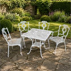 Regency design white-painted aluminium garden table, square pierced top with scrolling aca...