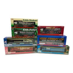 Corgi Eddie Stobart - Hauliers of Renown CC19904 Curtainside Trailer; two limited edition Scania R Curtainside CP18110 & CP18111; Roadscene CC18106 Scania R Curtainside; and three customer livery lorries CC86603  Sunpride, CC86604 Knauf and CC86702 The Mirror; all boxed (7)