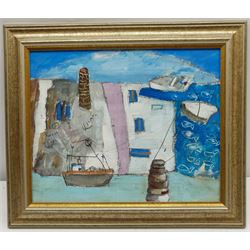 St Ives School (Late 20th century): 'Boats and Mine Stacks Cornwall', oil on board unsigned, titled verso 23cm x 28cm