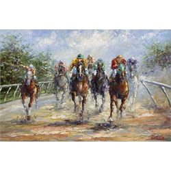 Impressionist School after LeRoy Neiman (American 1921-2012): Racing Horses, oil on board signed 'Rogers', 60cm x 90cm