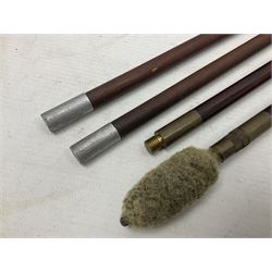 George V 1897 pattern Infantry officers sword, the 82cm single fullered blade with traces of etched detail and George V crown cipher, the ricasso marked Hawksworth Sheffield, pierced half basket hilt with George V cypher, wire-bound fish-skin grip with brass pommel and backstrap; in leather scabbard L102cm overall; together with two sectional gun cleaning rods; swagger stick made of leather strips etc