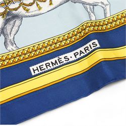 Hermes 'Grand Apparat' silk scarf in navy blue colourway, designed by Jacques Eudel, 90cm x 90cm 
