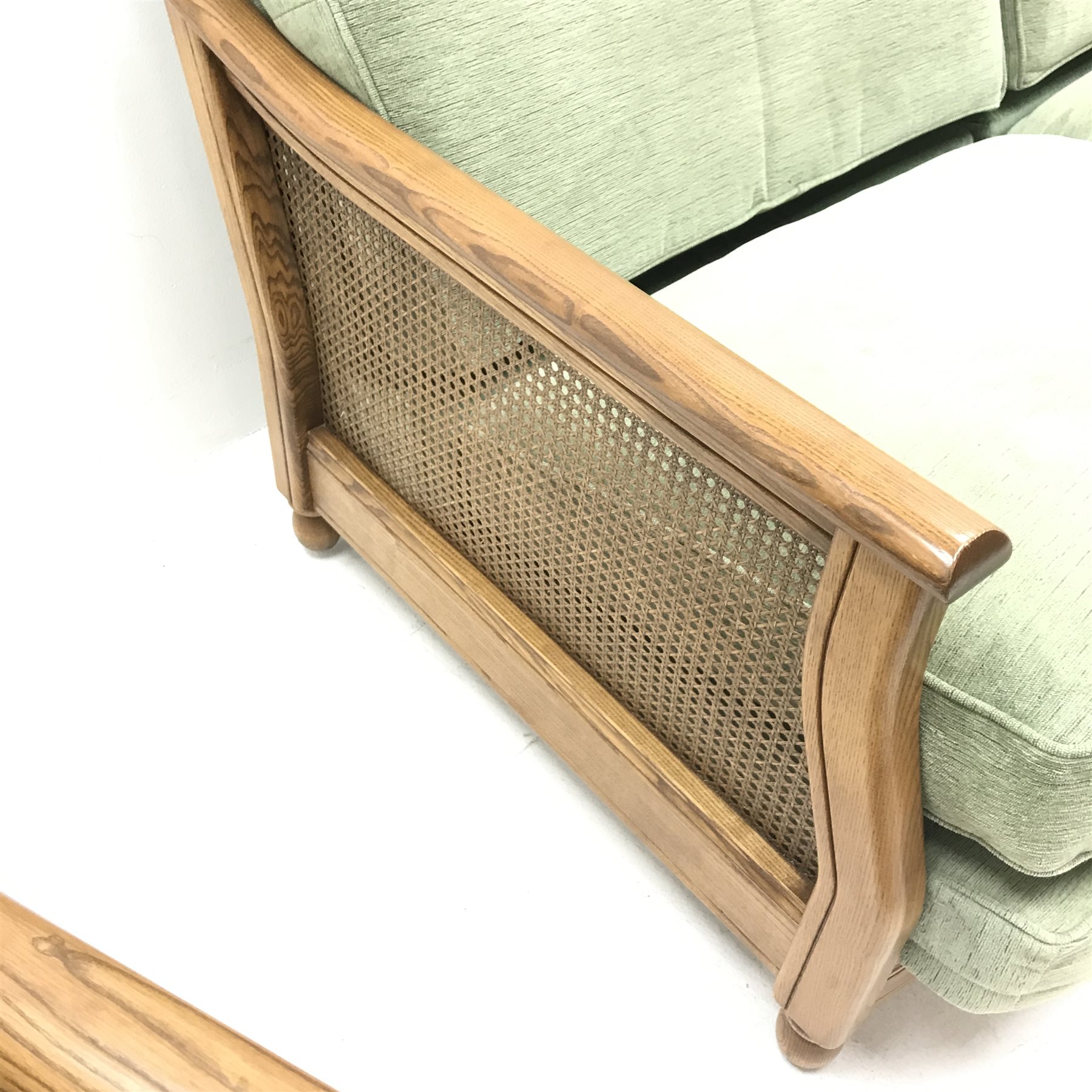 Ercol elm Bergere three seat sofa, Golden Dawn finish (W185cm) and matching armchair (W91cm)