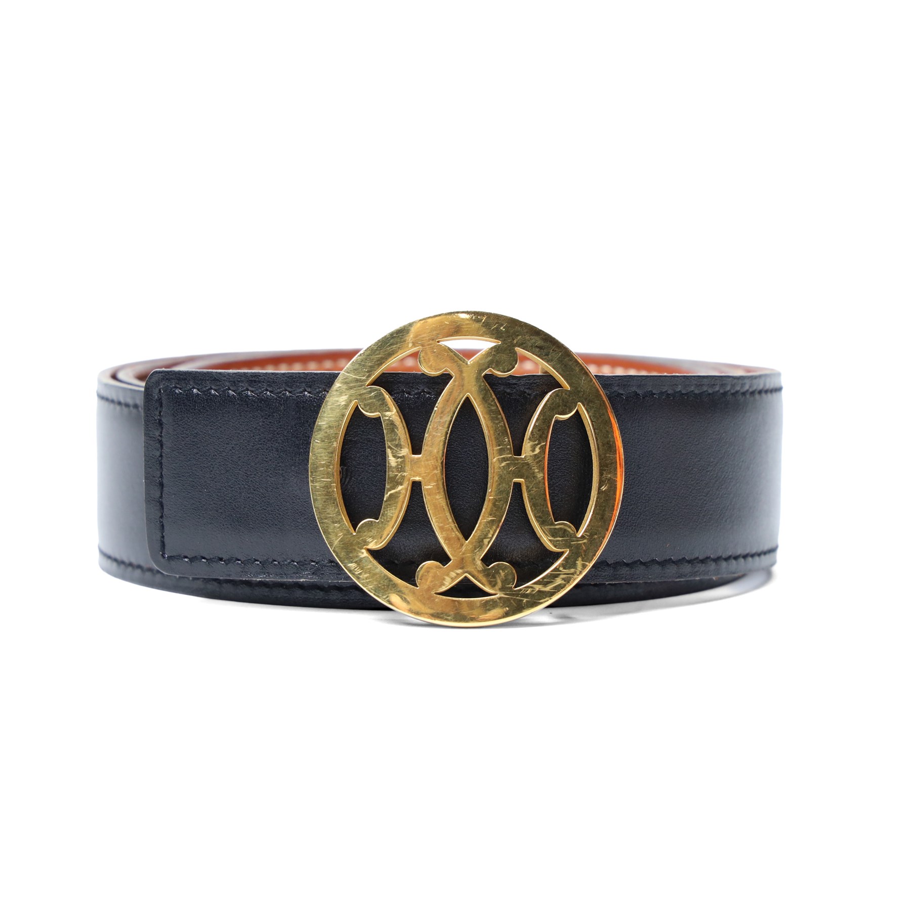 Hermès - reversible black and tan leather belt, with large gilt-metal circular openwork H monogram buckle, size 80, with buckle dust bag and belt dust bag