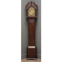  Small Georgian Chippendale style longcase clock, swan neck pediment relief carved with scrolls, arched glazed hood door with turned and fluted columns, brass 'Tempus Fugit' dial with Roman chapter ring, twin train movement striking the hours and half on coil, H157cm  