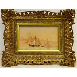 William Frederick Settle (British 1821-1897): 'Yachts of the RYS acting as Despatch Vessels to Her Majesty's Fleet', oil on panel signed with monogram and dated 1859, old title label verso 9.5cm x 15cm  
Provenance: private collection, formally in the Malcolm Shields collection