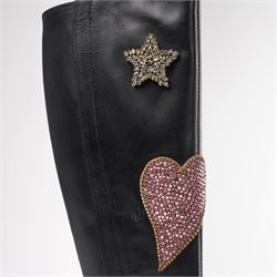 Gucci - pair of Dionysus buckled knee-high leather boots, in black with block heels, applied with rhinestone star, moon and heart applique motifs, with the signature silver tone tiger head buckle fastening and full length zip, size 38, total boot height 48cm, unused with original box and dust bags