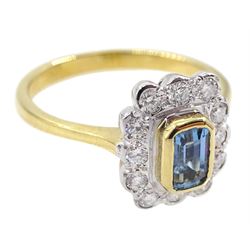 18ct gold emerald cut aquamarine and round brilliant cut diamond cluster ring, hallmarked, aquamarine approx 0..60 carat, total diamond weight approx 0.30 carat