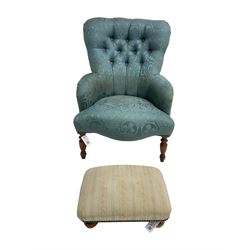 Victorian style bedroom chair in buttoned upholstry and a rectangular upholstered footstool
