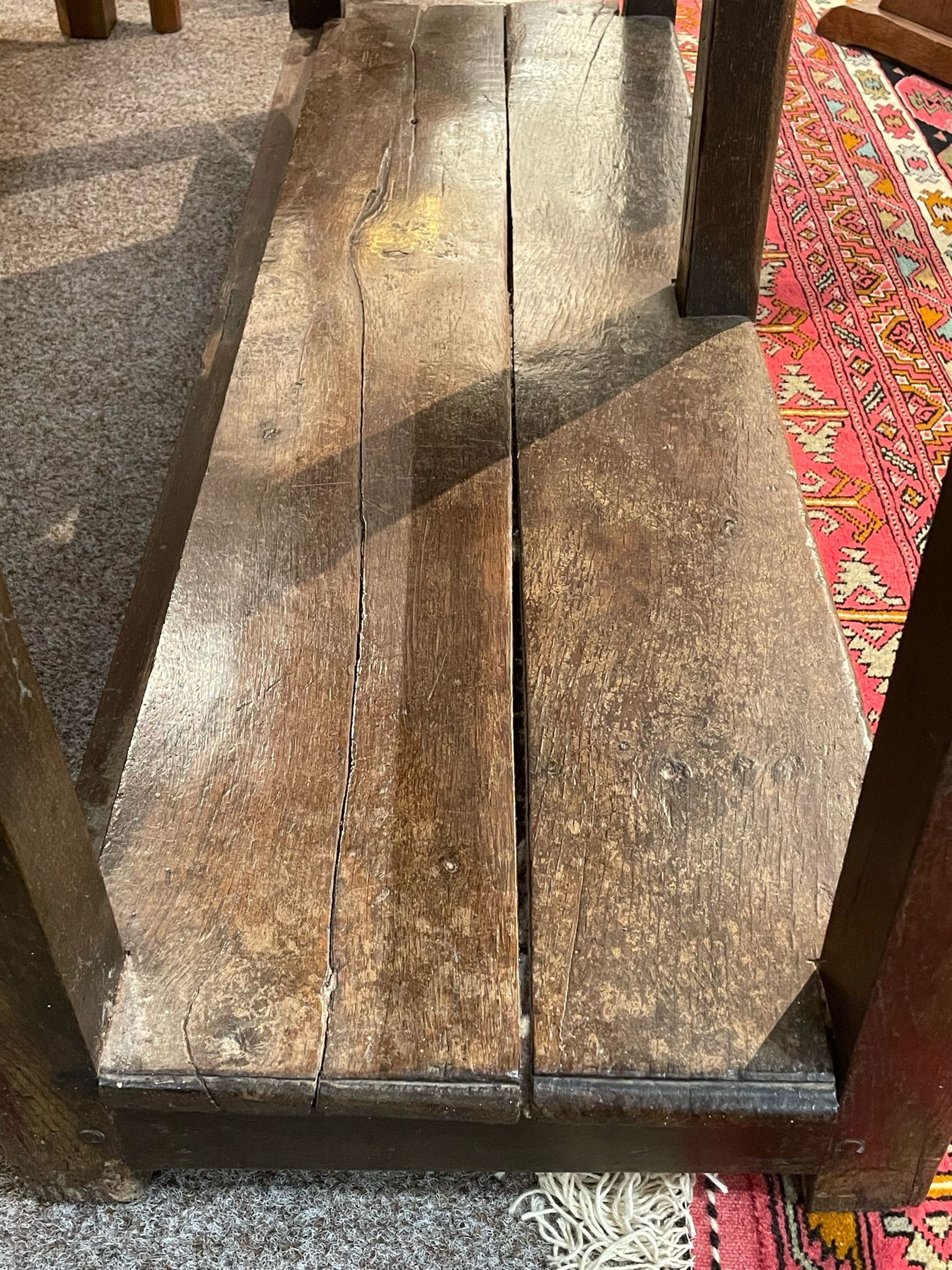 18th century oak dresser base, moulded rectangular top over two drawers and shaped apron, moulded drawer fronts fitted with shaped brass handle plates and swan neck handles, on chamfered square supports united by pot board base 