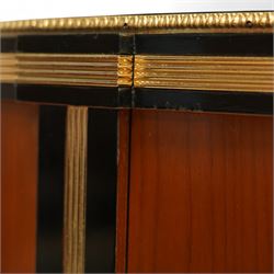 Colombo Mobili - Pair of Italian designer cherrywood art-deco inspired demi-lune commode cabinets, the shaped top with ebonised inlay and gilt brass repeating anthemion beading above a gilt brass reeded moulding, over three long drawers with gilt brass geometric panel mounts, flanked by cupboard doors with diamond motif, raised on tapering square supports 