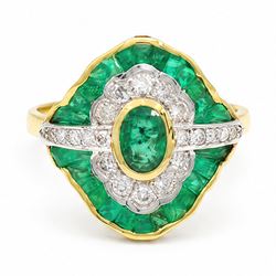 18ct gold emerald and diamond dress ring, single oval cut emerald, with single cut diamond...