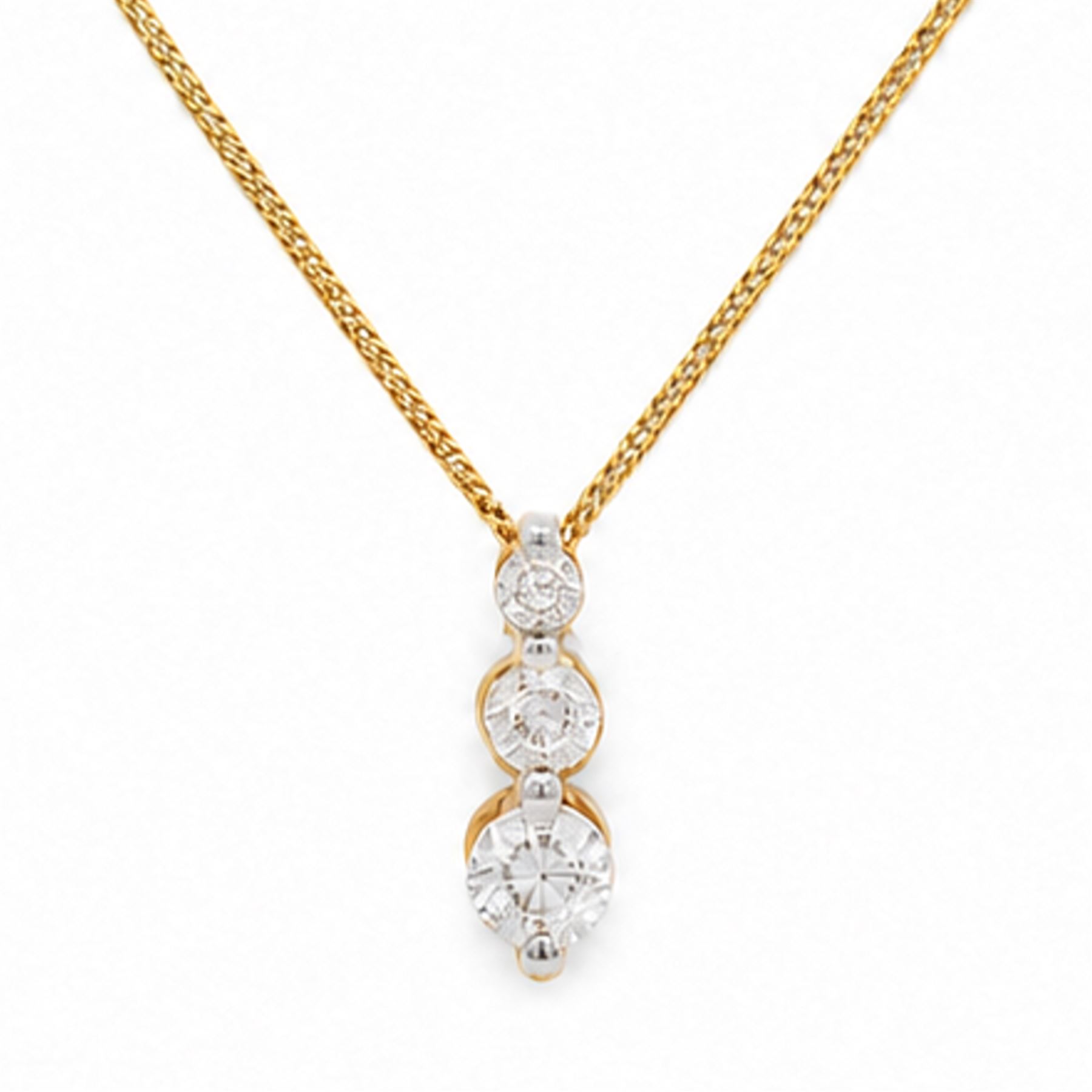 18ct gold diamond pendant necklace, set with three graduating round brilliant cut diamonds, total diamond weight 0.25 carat