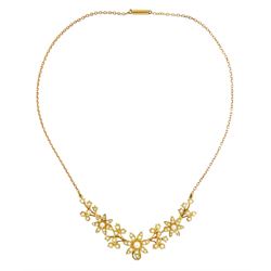Edwardian 15ct gold split pearl flower head and foliate necklace, with detachable 18ct gold old cut diamond and split pearl flower head pendant, in fitted velvet and silk lined box