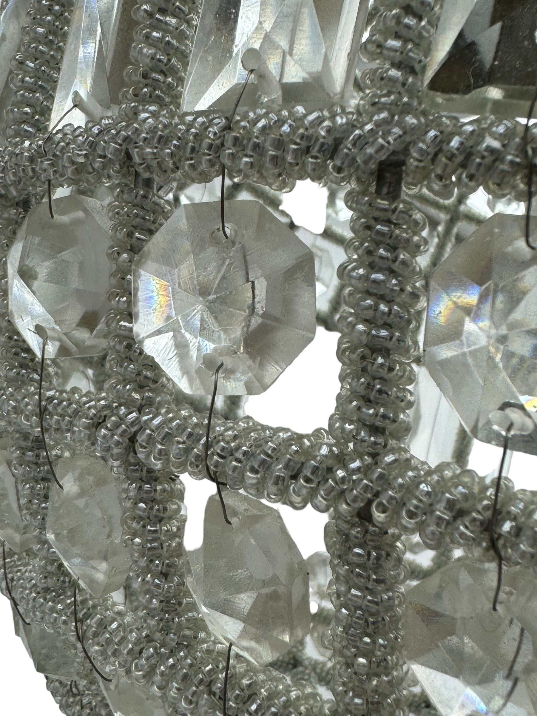 India Jane Interiors - pair of gilt metal and glass spherical ceiling light pendants, decorated with glass beads and pendants, foliage cast metal upper band, mounted by lower finial - ex-display/bankruptcy stock 