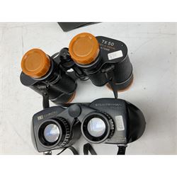 Twelve pairs of binoculars to include BWCF 7x35 Extra Wide Angle, Carl Zeiss Jena Delturis 8x24, Carl Zeiss Jena Jenoptem 8x30W, Chinon Countryman 10x50,  Ajax 8x30, Regent 16x50, etc,  some with cases