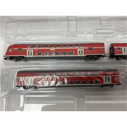 Fleischmann 'N' gauge - four-car set with double pantograph locomotive, dummy and two double decker coaches; No.825201 'Piccolo' three-piece wagon set; No.9198 'Piccolo' level crossing; No.9171 'Piccolo' points; and  No.KN35 Girder Bridge; all boxed