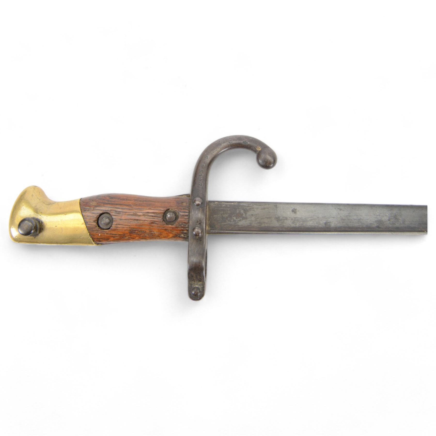 French Chassepot bayonet with 57cm curving fullered steel blade in steel scabbard, together with XIX Century French Model 1874 Gras Bayonet, manufacturer mark 'Mre d'Armes de St Etienne 1878'