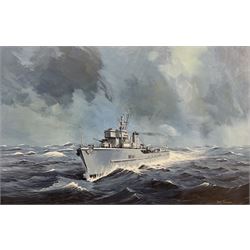 John Cooper (British 1942-): HMS Glasserton at Sea, gouache signed 47cm x 72cm 
Notes: the Ton-class minesweeper HMS Glasserton, built by JS Doig of Grimsby, launched on 3rd December 1953 and was broken up in 1987.