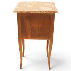 Pair of French inlaid kingwood marquetry bedsides, the shaped marble top over two drawers flanked by gilt metal rocaille mounts, raised on tapering cabriole supports
