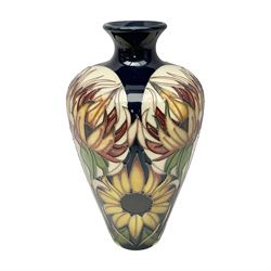  Moorcroft Sunflower vase, 2018 trial, of baluster form with fluted rim, tubelined and painted with sunflowers, on a cobalt blue ground, impressed and painted marks beneath, H23.5cm