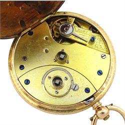 19th century 14ct gold open face cylinder pocket watch, gilt dial with Roman numerals, case with engraved foliate decoration, Swiss hallmark