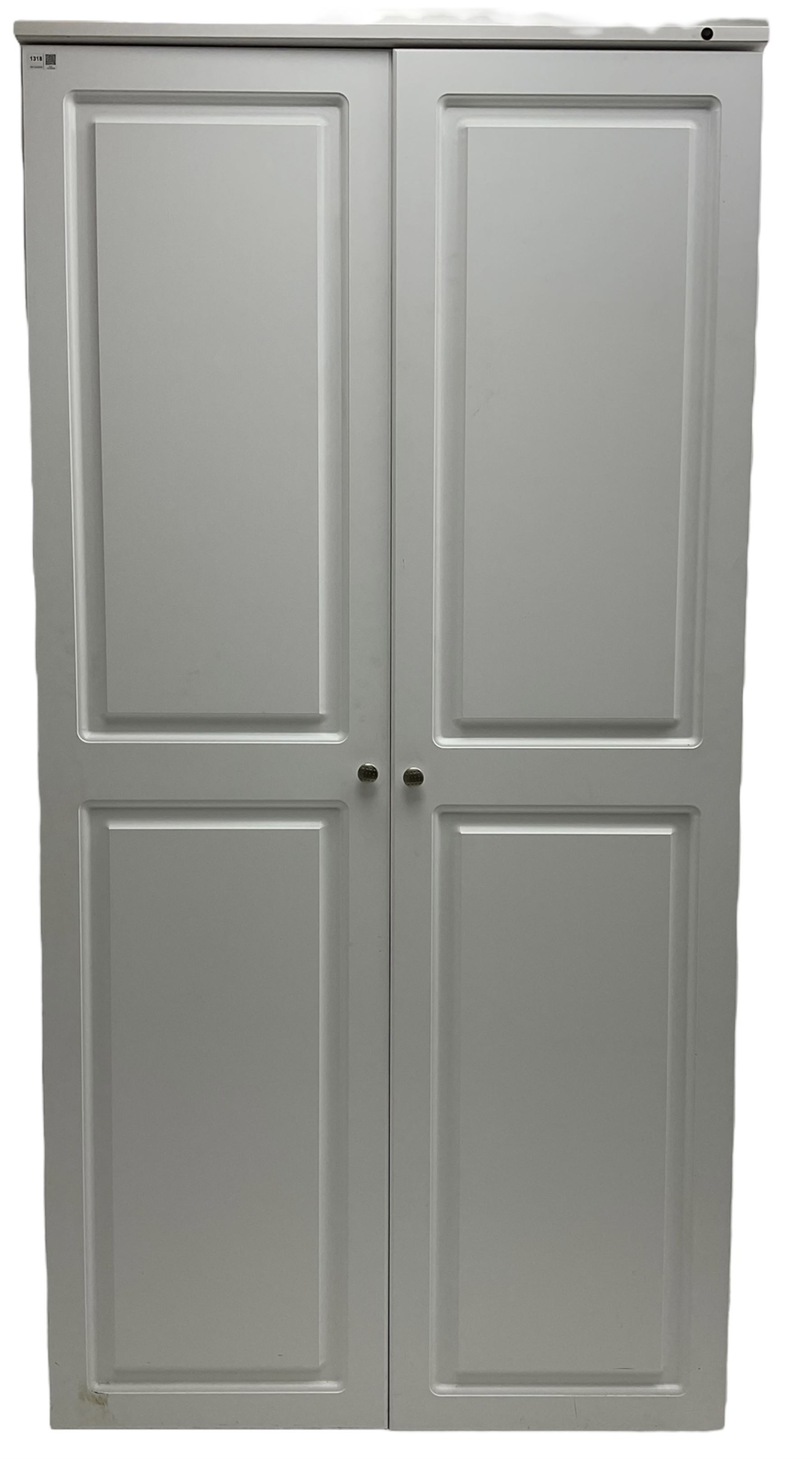 Large white finish sewing cabinet, enclosed by two doors fitted with thread holders and shelves, the interior fitted with shelves and sliding trays, with fold down work surfaces 