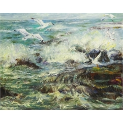 Laura Gascoin (20th Century): Sea Breaking on the Rocks, oil on canvas signed  39.5cm x 49.5cm