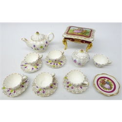  Artone hand painted miniature tea set, lacking one saucer, Limoges miniature casket and plate   