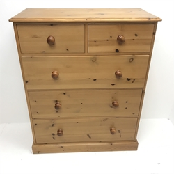 Solid pine chest, two short and three long drawers, plinth base, W96cm, H117cm, D45cm