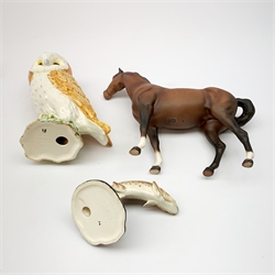 Three Beswick figures. comprising Barn Owl 1046, Trout 1390, and horse with matt brown glaze, Owl and Trout with impressed marks beneath, Horse with printed mark beneath. 