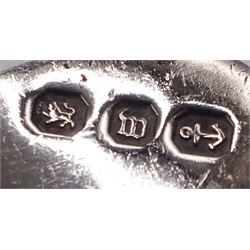 1930s silver open sucrier, of circular form with girdle, with shaped rim and upon three pad feet, hallmarked Birmingham 1931, together with silver fork and spoon set, decorated in relief with foliate pattern to handles, hallmarked William Devenport, Birmingham 1896 to blades and Sheffield 1896 handles