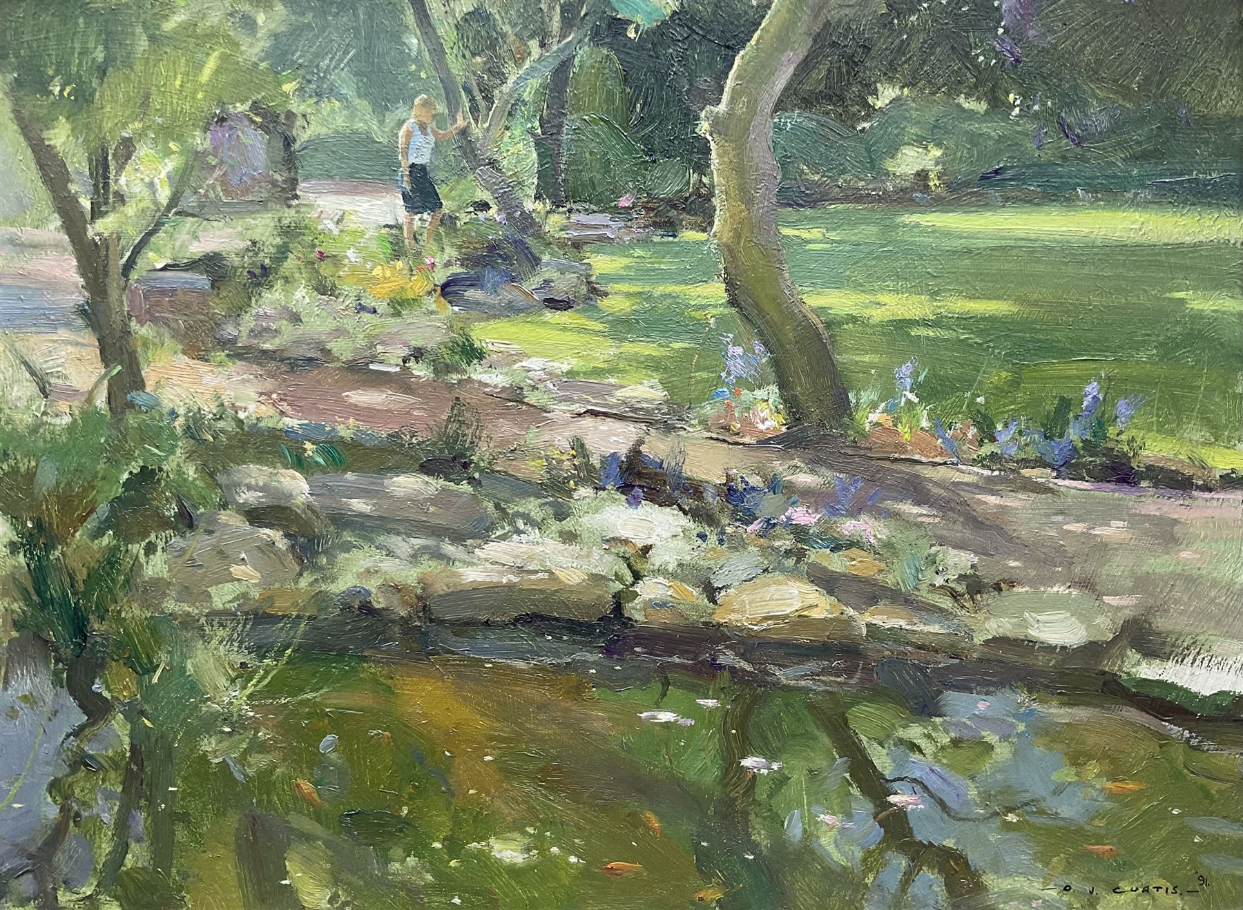 David Jan Curtis (British 1948-): The Garden Pond with Goldfish, oil on panel signed 29cm x 39cm
