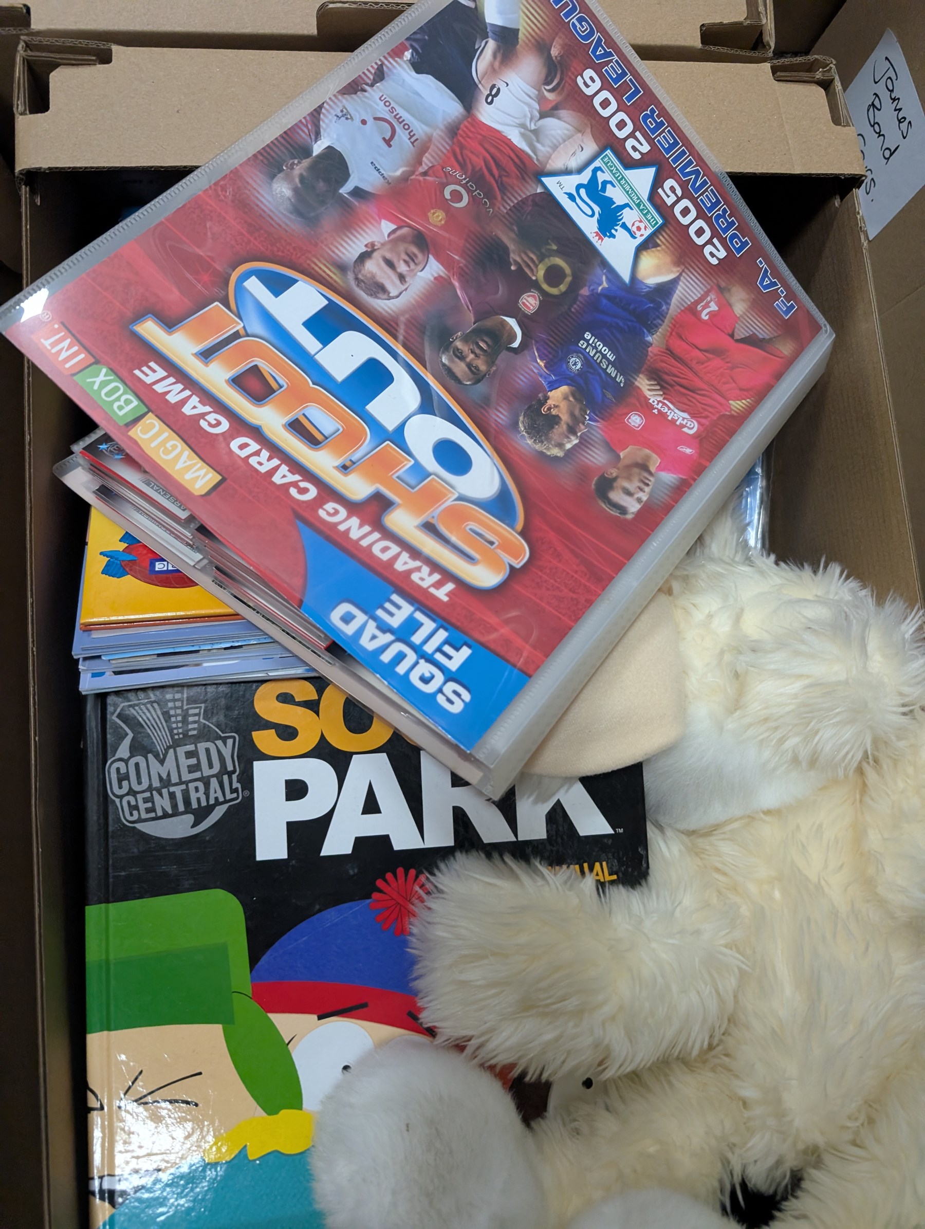 Collection of toys, including Lego Friends, soft toys, football trading cards, etc, in boxes