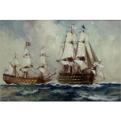 Frank Henry Mason (Staithes Group 1875-1965): British Men o' War in Full Sail, watercolour heightened in white signed and dated '09, 33cm x 39cm