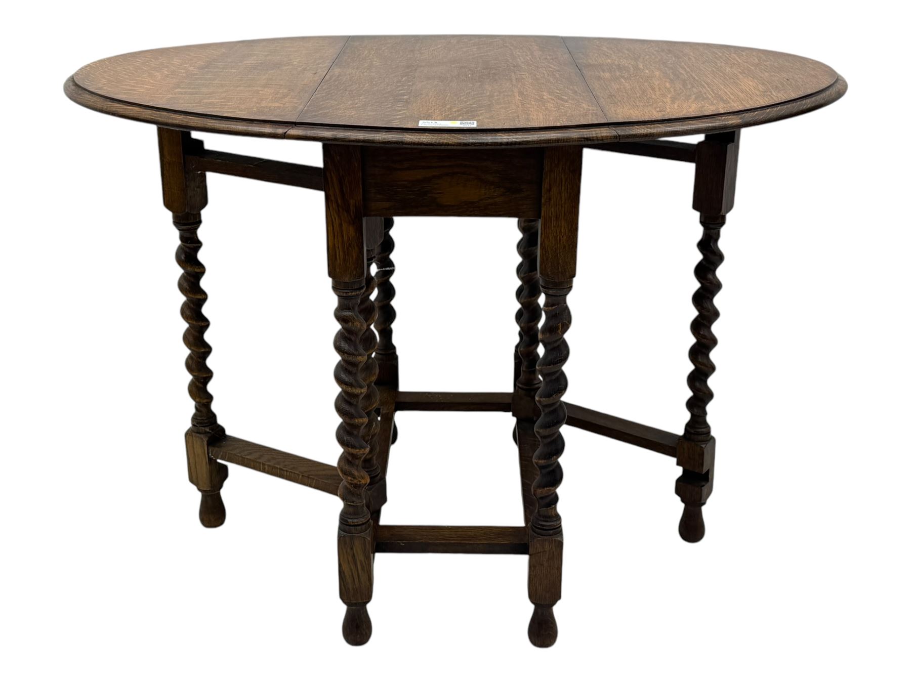 20th century oak barley twist gateleg table (W78cm); early 20th century narrow oak bookcase with Charles Dickens novels (W31cm, H93cm) 